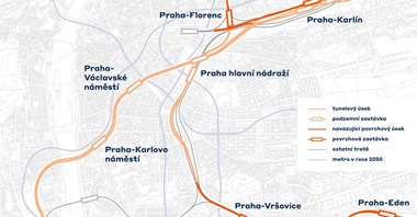 Praga z planem na podziemne linie kolejowe krzyżujące się pod dworcem